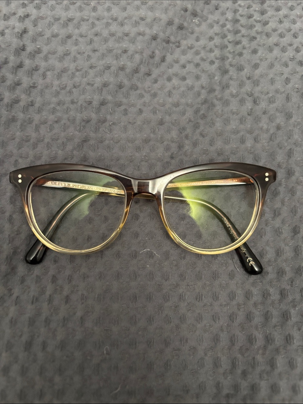 Oliver Peoples Two-Tone Brown and Amber Round Eyeglasses